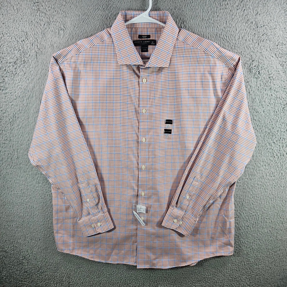 Pronto Uomo Mens Slim Fit Dress Shirt 18.5 34/35 Orange Blue‎ Plaid Non-Iron NEW